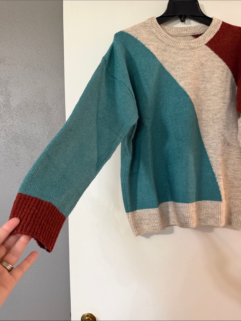 Women's Colorblock Crewneck Sweater in Teal, Cream & Rust - Picture 2 of 6